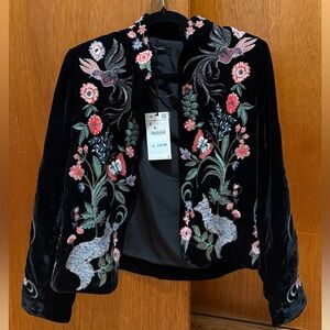 Zara Black Velvet Blazer with Floral Embroidery NWT
